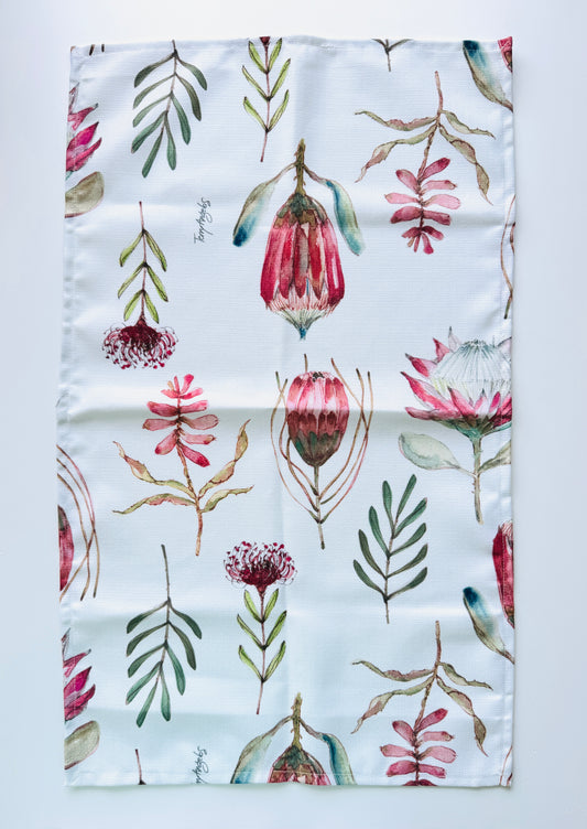 Kitchen Tea Towel-Protea mix on white